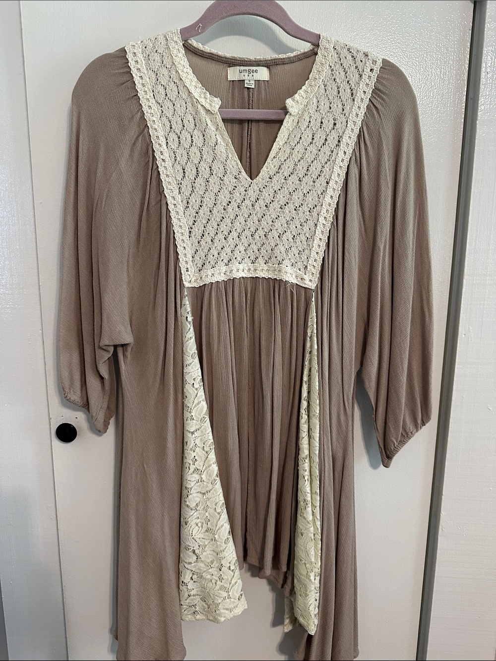 Umgee Taupe Dress with Cream Lace Yoke